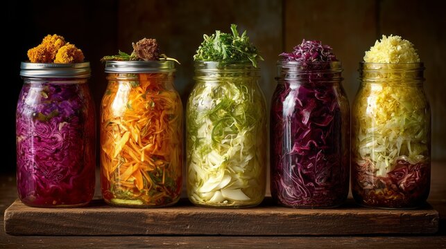 Various jars filled with colorful fermented vegetables displayed on a wooden board in a kitchen setting