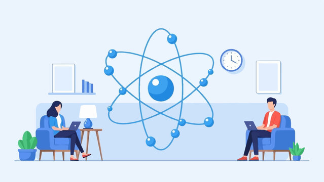Two people working on laptops in armchairs, with a large atom model in the center