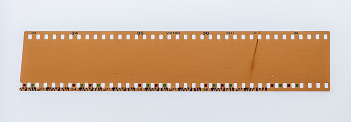 Blank 35mm color negative film strip with edge markings, isolated on white background