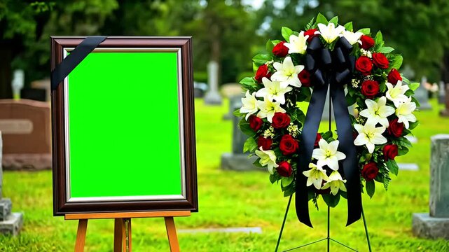 Empty memorial picture frame with green screen stands beside a large floral funeral wreath featuring red roses and white lilies