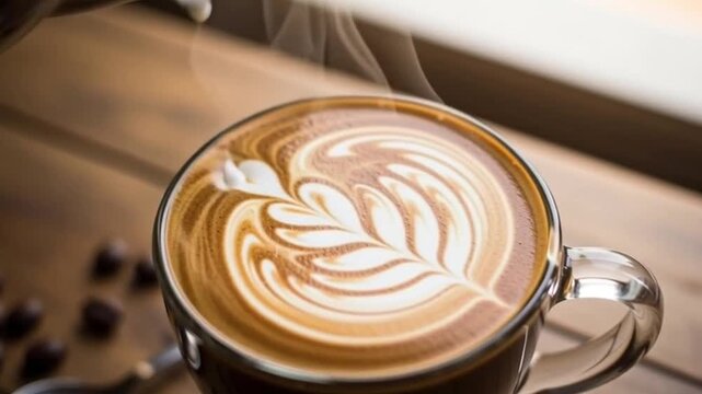 A steaming cup of coffee with latte art on a wooden table with coffee beans nearby