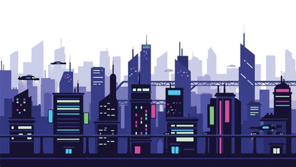 Fototapeta premium A futuristic night city illustration with a dark blue and purple color scheme, featuring a cityscape with sleek skyscrapers and neon lights against a white background.