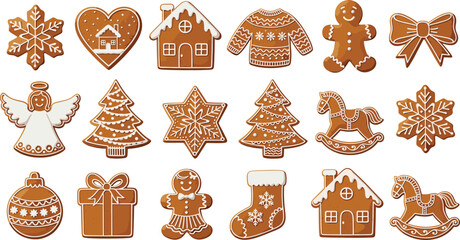 Christmas gingerbread cookie icons set with holiday symbols snowflakes gifts trees and festive decorations