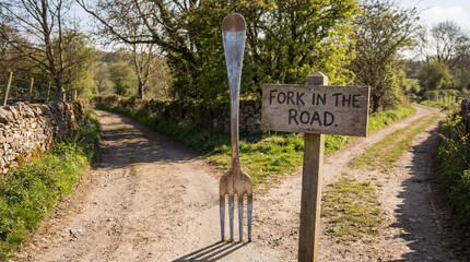 A rural scene shows a fork in two dirt roads with rock walls and trees. A humorous, oversized metal fork and a weathered wooden sign pointing toward the split stand at the junction.