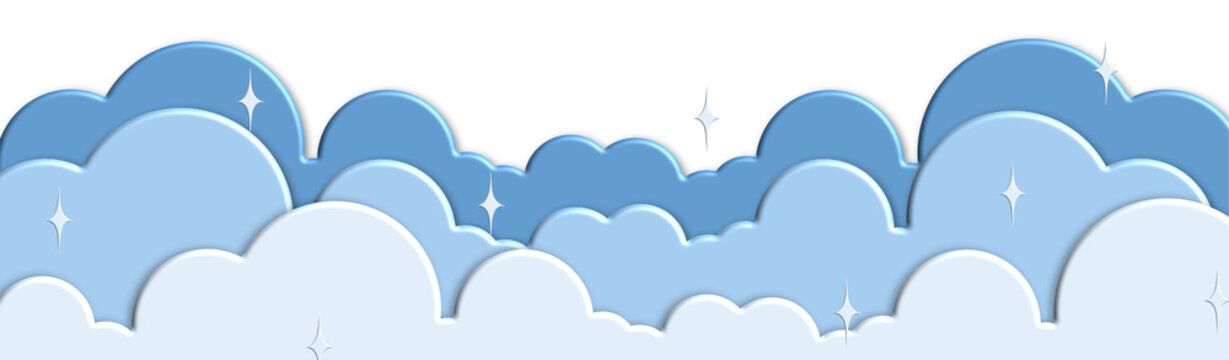 Cute 3D white cloud on blue sky bottom border seamless pattern