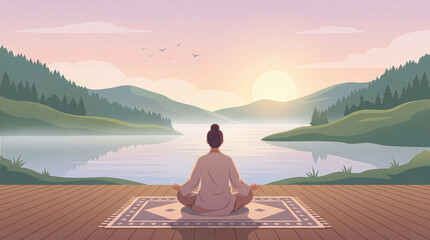 A woman, sitting in a lotus position on a rug, meditates by a serene lake during the early morning light. Mountains are visible in the distance as the sun begins to peek over the horizon.