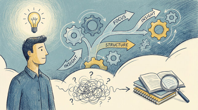 A man contemplates as gears spin, guiding focus, structure, and insight. Question marks swirl into knowledge, symbolized by a magnifying glass over books.