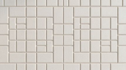 Off-white geometric tiles are arranged in a textured and patterned wall. Rectangles and squares form a subtle yet intriguing composition.