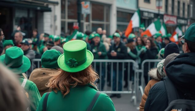 St. Patrick's Day Parade Crowd with Green Hats and Irish Flags