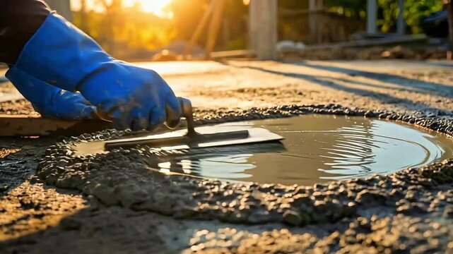 Construction worker wearing protective blue gloves meticulously levels wet cement mixture using a specialized trowel tool on an outdoor worksite during golden hour.