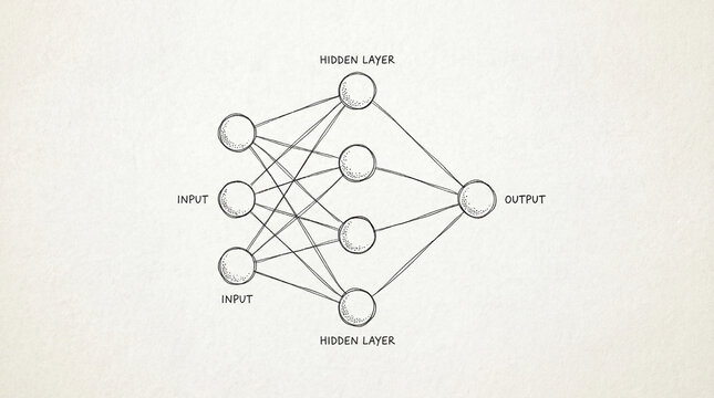 A hand-drawn neural network illustration showcases input nodes, a hidden processing layer, and the final output node, connected by lines representing weighted connections.