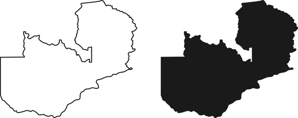 Zambia map vector silhouette with outline and solid black shape isolated on white background