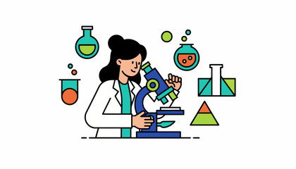 Fototapeta premium A female scientist in a lab coat using a microscope with various laboratory glassware and chemical apparatus in a flat vector illustration.