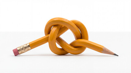 A yellow pencil has been playfully tied into a knot, creating a visual representation of writer's block or a creative challenge on a white surface.