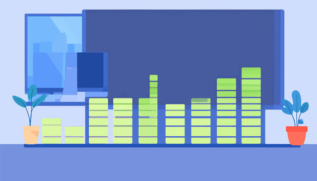 Two plants flank a display of audio level bars in front of screens
