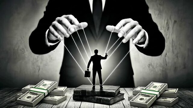 Depiction of financial manipulation where a large figure controls a smaller businessman puppet using strings above stacks of money.