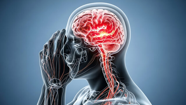 Person experiencing brain pain with highlighted red brain and nerves
