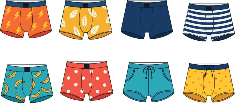 Men boxer shorts illustration set with colorful patterned underwear designs for casual daily fashion