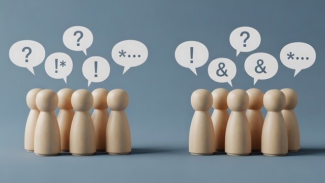 A group of wooden figurines with speech bubbles containing various symbols and punctuation marks above them, conveying a sense of discussion and inquiry in a neutral setting from a frontal viewpoint.