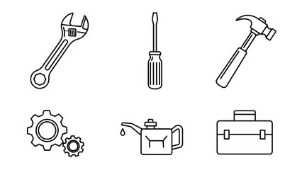 Obraz premium Minimal Monochrome Industrial Tool Line Icons – Clean Vector Set, Simple Linear Design