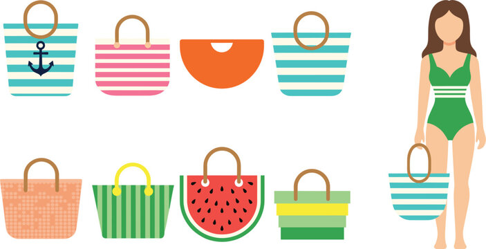 Summer beach tote bag illustration set with colorful striped handbags and woman in swimsuit