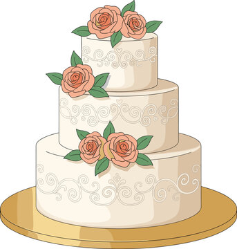 Elegant three tier wedding cake illustration with floral decoration for celebration dessert and event design