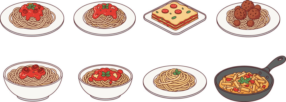 Italian pasta dishes illustration set with spaghetti lasagna meatballs and skillet meals for food design