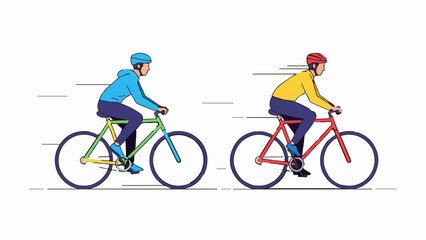 Obraz premium Two cyclists in motion, one with a green bicycle, the other with a red bicycle, wear helmets