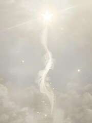 Cloud Dancer 2026 presents luminous shooting star with glowing tail piercing through soft beige celestial clouds. Sparkling comet trail creates dreamy atmosphere for wishes and magic themes.