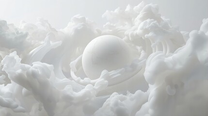 Cloud Dancer 2026 unveils white sphere floating among dramatic volumetric clouds. Surreal 3D cloudscape creates dreamy celestial atmosphere perfect for futuristic concepts and abstract sky themes.