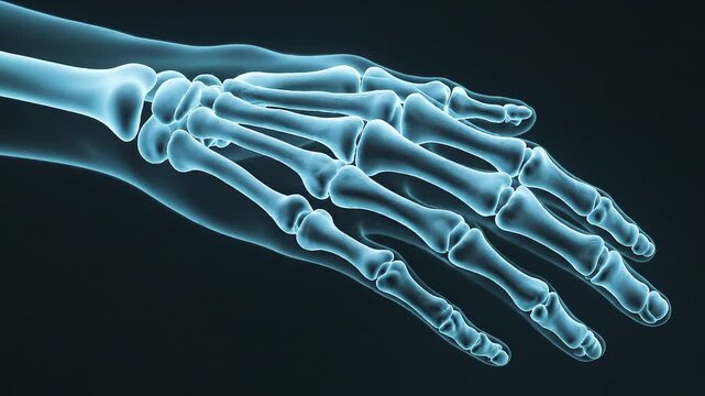 Floating human hand skeleton in neutral pose, detailed palm and finger bones, futuristic medical visualization, soft cyan glow, clean dark background, cinematic lighting, slow motion rotation, ultra r