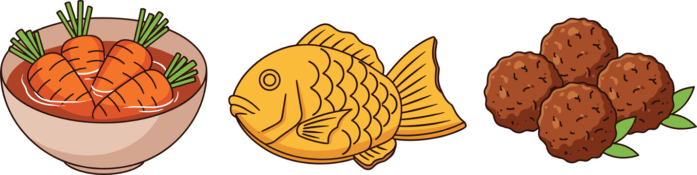 Food illustration set with fresh carrots bowl golden fish and meatballs for cuisine design