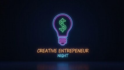 Vibrant neon lightbulb with dollar symbol for a creative entrepreneur night event promotion