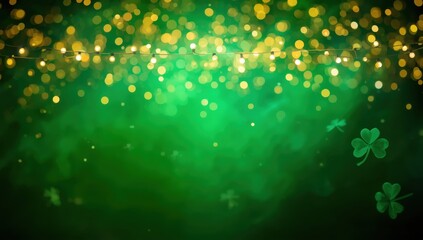 St. Patrick's Day Green Bokeh Lights and Shamrocks Background with String Lights