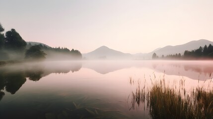Fototapeta premium Minimal Landscape Photography of Serene Mountain Lake and Horizon misty morning in the mountains