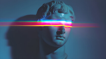 Marble bust with glitching neon light over eyes