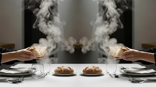 Hands holding bread releasing steam near table setting composition
