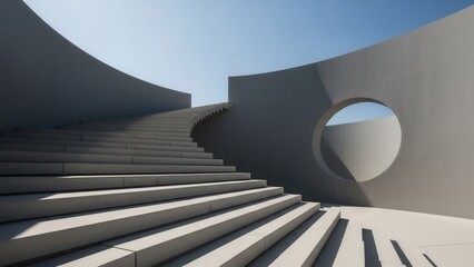 Modern concrete staircase curving upwards with circular window and blue sky