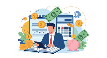 Naklejka premium Businessman managing finances and accounting tasks using a laptop surrounded by money icons and a piggy bank.