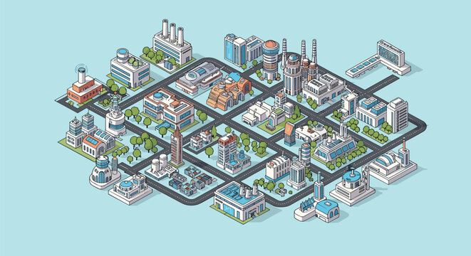 Detailed isometric map layout of a modern industrial city with various factories, offices, warehouses, and green spaces.