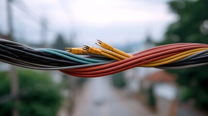 Tangled multicolored wires and cable connectors twisted together outdoors against a blurred background at dawn