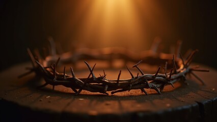 Crown of thorns with dramatic lighting, passion symbol, Good Friday theme, sacrifice representation, thorny wreath, religious suffering, spiritual significance, Easter week, redemption symbol