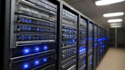 Rows of glowing server racks with blue blinking lights in a modern data center