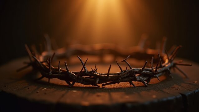 Crown of thorns with dramatic lighting, passion symbol, Good Friday theme, sacrifice representation, thorny wreath, religious suffering, spiritual significance, Easter week, redemption symbol