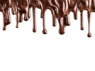 A chocolate drizzle is falling down a white background