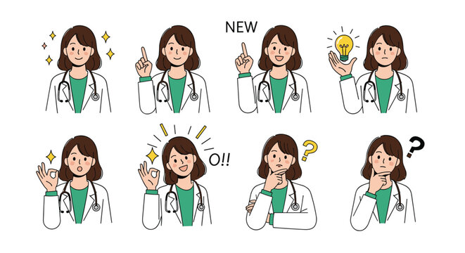 Set of female doctor character illustrations with different facial expressions and gestures for medical communication and healthcare tips.
