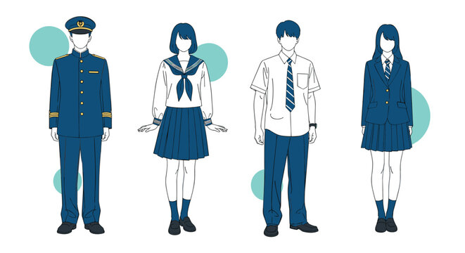 Group of four students standing together wearing different styles of traditional Japanese school uniforms against a clean background.