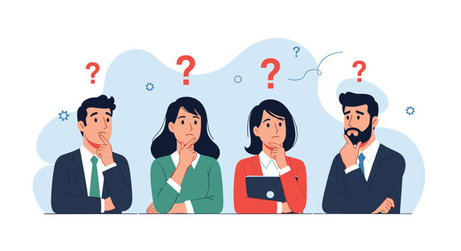 Group of four diverse business people standing together and looking thoughtful with red question marks above their heads.