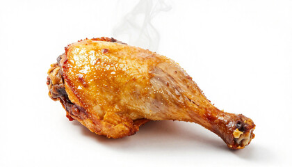 Golden Roasted Chicken Drumstick On White Background With Crispy Skin And Juicy Meat.