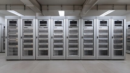 Rows of large metallic server cabinets are neatly arranged in a modern brightly lit data center facility showcasing advanced technology